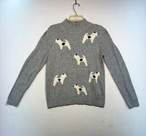 LOFT Women's Gray Dog Print Mock Neck Puff Sleeve Knit Sweater Size L